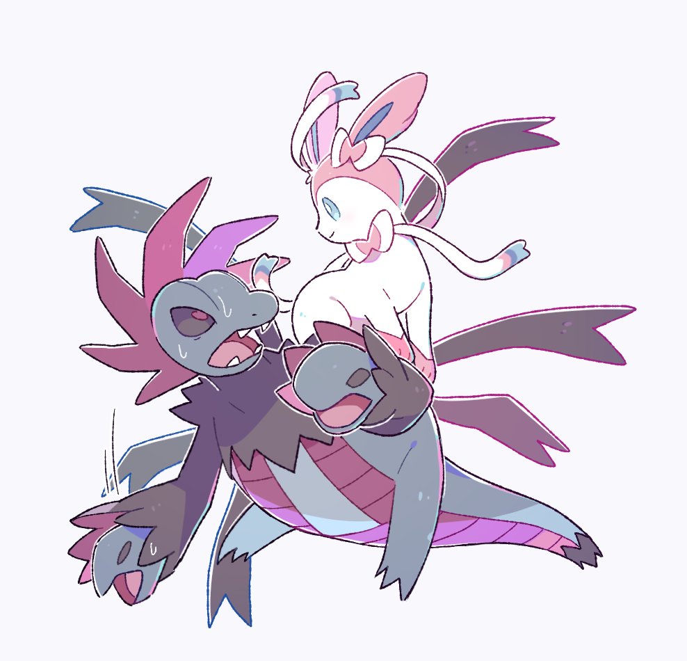 bright_pupils closed_mouth commentary_request fangs hydreigon motion_lines no_humans open_mouth oyul_o pokemon pokemon_(creature) riding riding_pokemon smile sweat sylveon tongue white_background white_pupils