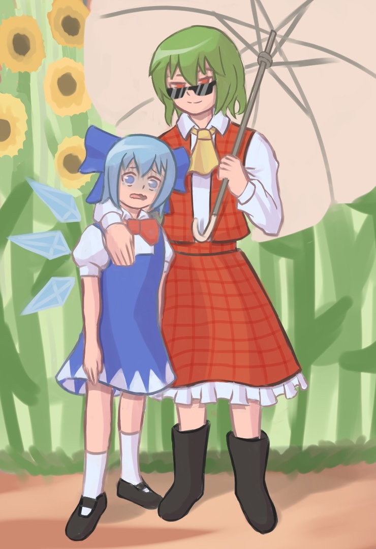 blue_dress blue_eyes blue_hair cirno dress duhota flower green_hair hands_on_another's_shoulders holding holding_umbrella ice ice_wings kazami_yuuka meme my_dumbass_(meme) red_dress red_eyes red_ribbon ribbon scared simple_background smug sunflower sunglasses umbrella wings