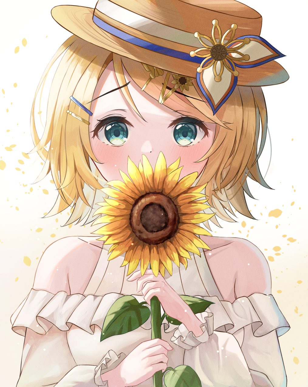 1girl aqua_eyes bangs bare_shoulders blonde_hair blue_ribbon blush boater_hat brown_headwear commentary covered_mouth dot_nose dress flower frilled_dress frilled_sleeves frills hair_flower hair_ornament hairclip hat hat_flower hat_ornament hat_ribbon highres holding holding_flower kagamine_rin long_sleeves looking_at_viewer off-shoulder_dress off_shoulder portrait project_sekai ribbon shirafune short_hair simple_background straight-on sunflower swept_bangs vocaloid white_background white_dress white_ribbon yellow_flower