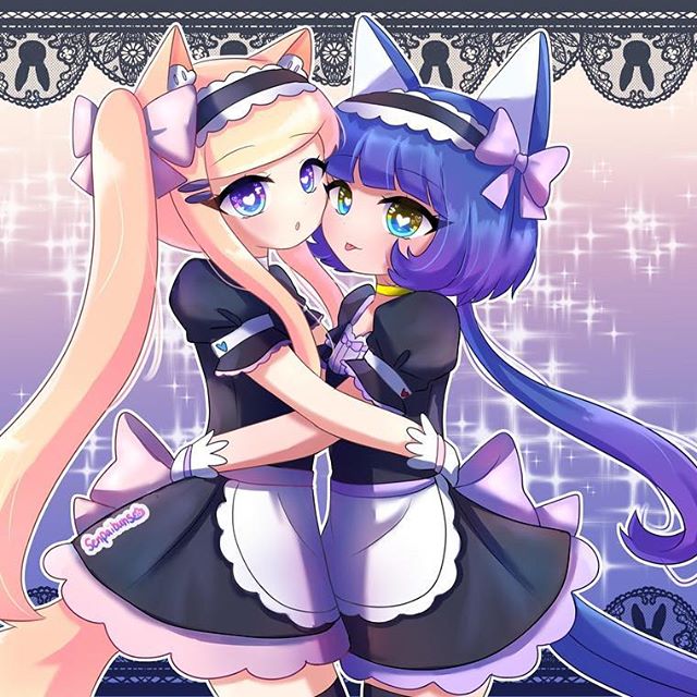 2girls animal_ear_fluff animal_ears back_bow black_skirt blonde_hair blue_hair green_eyes hug lado_(gacha_life) lunime maid maid_headdress ribbon senpaibuns short_hair sparkle tail twintails violet_eyes