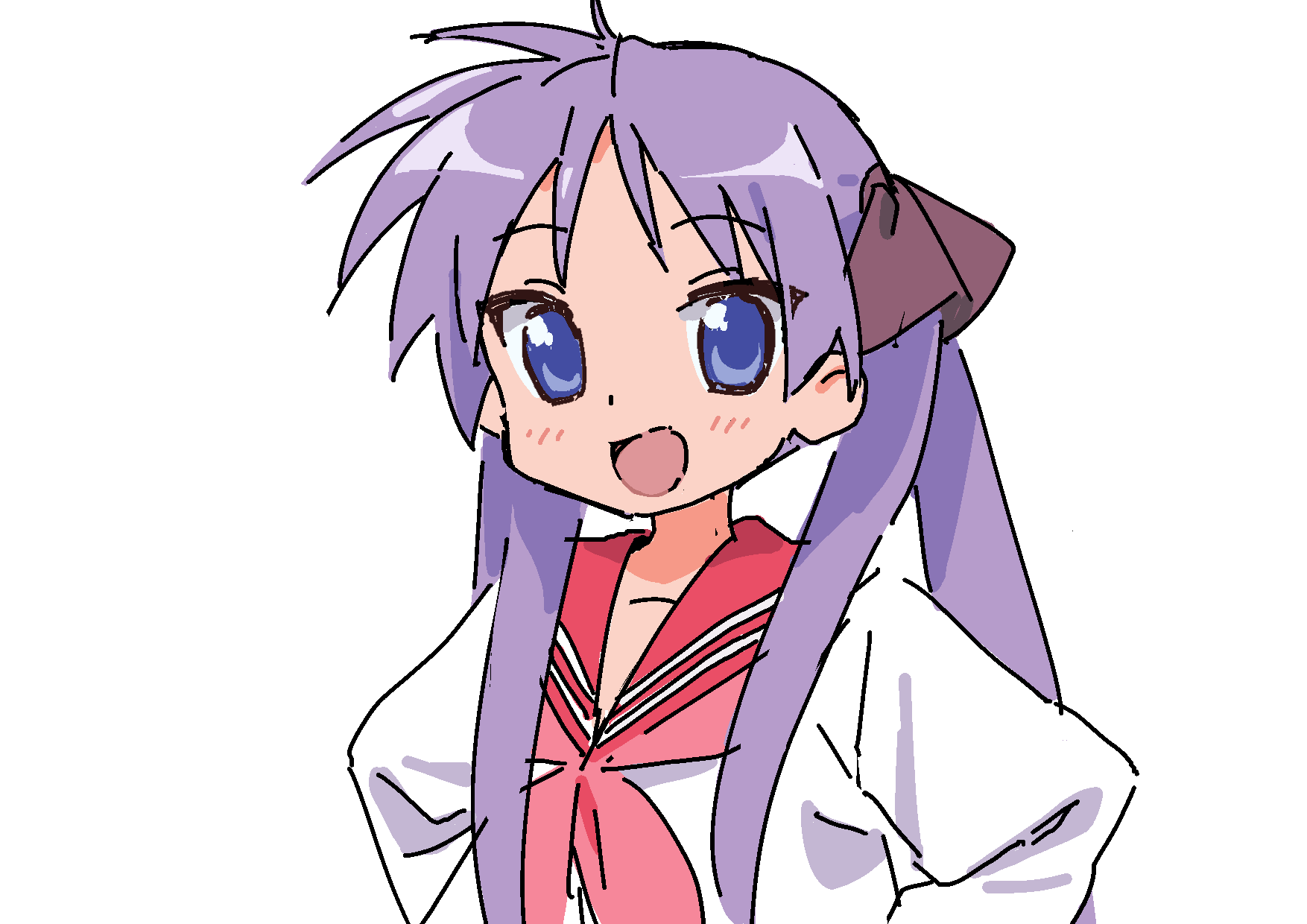 1girl blue_eyes commentary hands_on_hips highres hiiragi_kagami long_hair lucky_star nyus0721 purple_hair red_sailor_collar ryouou_school_uniform sailor_collar school_uniform serafuku simple_background smile solo twintails upper_body white_background