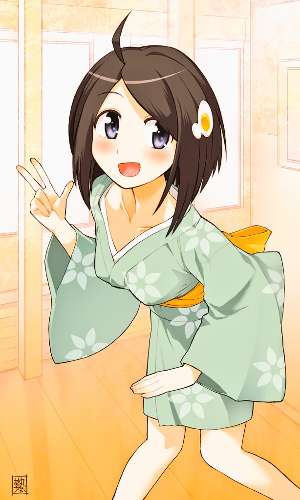 1girl :d ahoge araragi_tsukihi artist_name bangs black_hair blush bob_cut breasts collarbone egg_hair_ornament feet_out_of_frame floral_print food-themed_hair_ornament fried_egg hair_ornament hand_up japanese_clothes kikumaru_bunta kimono knees_together_feet_apart leaning_forward looking_at_viewer looking_to_the_side medium_breasts monogatari_(series) nisemonogatari obi open_mouth raised_eyebrows sash short_hair short_kimono signature smile solo standing swept_bangs violet_eyes w wide_sleeves window wooden_floor yellow_sash