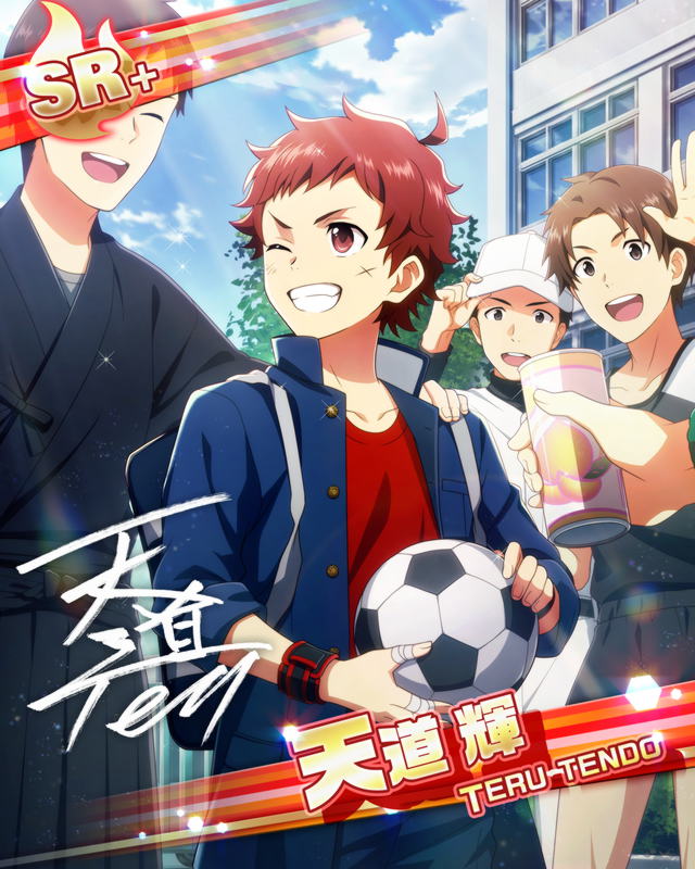 5boys aged_down ahoge backpack bag ball black_eyes brown_hair card_(medium) character_name closed_eyes clouds drink fingernails hand_on_another's_shoulder hand_on_headwear hat high_collar holding holding_ball idolmaster idolmaster_side-m male_child male_focus multiple_boys official_art one_eye_closed outdoors red_eyes red_shirt redhead scar scar_on_cheek scar_on_face shirt shorts sky sleeves_rolled_up smile soccer_ball teeth tendo_teru upper_teeth_only white_headwear