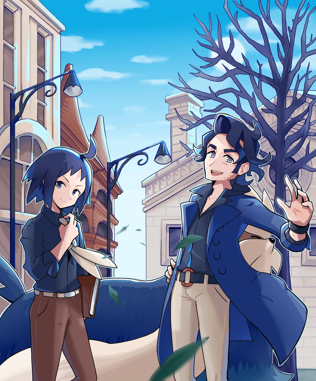 2boys :d ahoge alternate_color augustine_sycamore bangs bare_tree belt belt_buckle black_belt black_hair black_shirt blue_coat brown_pants buckle building cheren_(pokemon) closed_mouth clouds coat collared_shirt commentary curly_hair day facial_hair falling_leaves ffccll grey_eyes hand_on_hip highres lamppost leaf looking_at_viewer male_focus multiple_boys necktie open_clothes open_coat open_mouth outdoors pants pokemon pokemon_(game) pokemon_masters_ex shirt sky sleeves_rolled_up smile standing teeth tongue tree upper_teeth_only