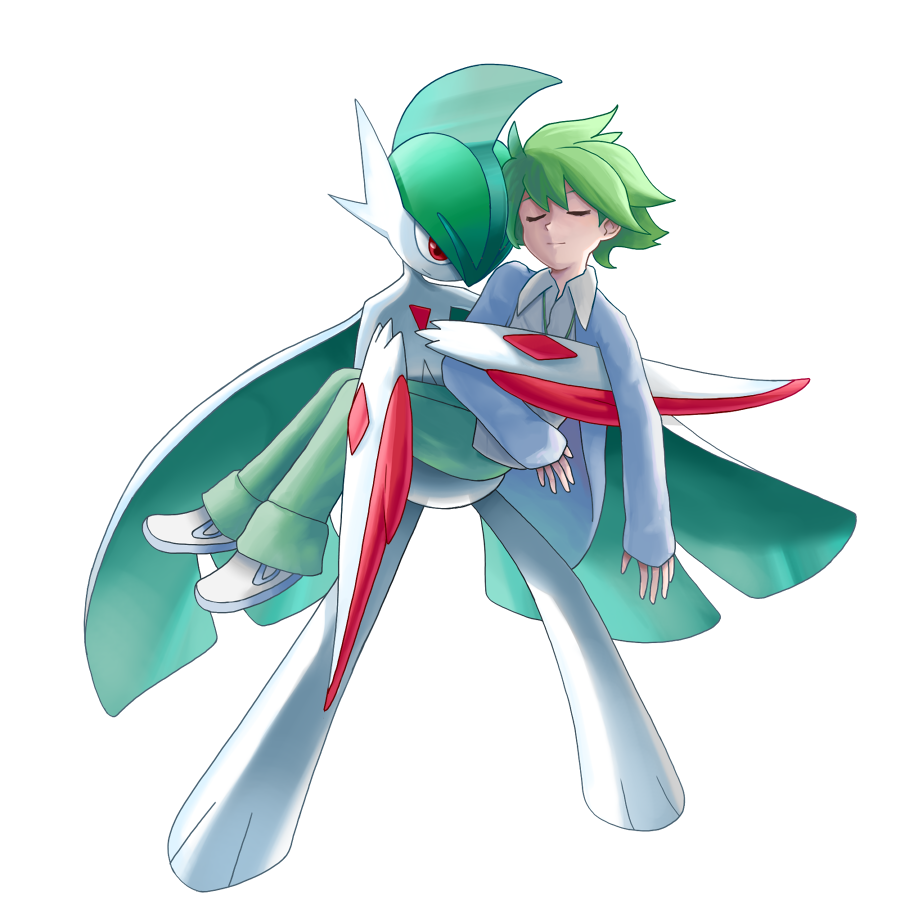 1boy bangs blue_cardigan cardigan carrying closed_eyes closed_mouth collared_shirt commentary ffccll gallade green_hair green_pants long_sleeves male_focus mega_gallade mega_pokemon pants pokemon pokemon_(creature) pokemon_(game) pokemon_oras shirt shoes short_hair simple_background wally_(pokemon) white_background white_footwear