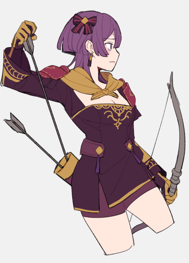 1girl arrow_(projectile) bernadetta_von_varley bow bow_(weapon) cropped_legs do_m_kaeru dress earrings fire_emblem fire_emblem:_three_houses grey_background hair_bow holding holding_arrow jewelry purple_hair quiver shorts_under_dress two-tone_gloves weapon