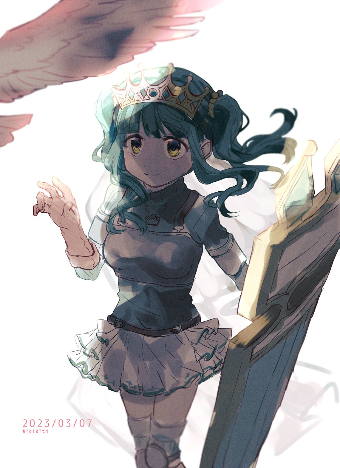 1girl aqua_hair aqua_sweater armor armored_boots bangs beads belt bird blunt_bangs blurry boots breastplate brown_belt brown_gloves cowboy_shot crown dated fold-over_gloves frilled_skirt frills futaba_sana gloves green_eyes grey_footwear hair_beads hair_ornament hand_up highres holding holding_shield knee_pads long_sleeves looking_at_animal magia_record:_mahou_shoujo_madoka_magica_gaiden magical_girl mahou_shoujo_madoka_magica medium_hair miniskirt pale_skin ribbed_sweater shield sidelocks simple_background skirt smile solo split_mouth sweater thigh_boots totte turtleneck turtleneck_sweater twintails twitter_username wavy_hair white_background white_skirt wind zettai_ryouiki