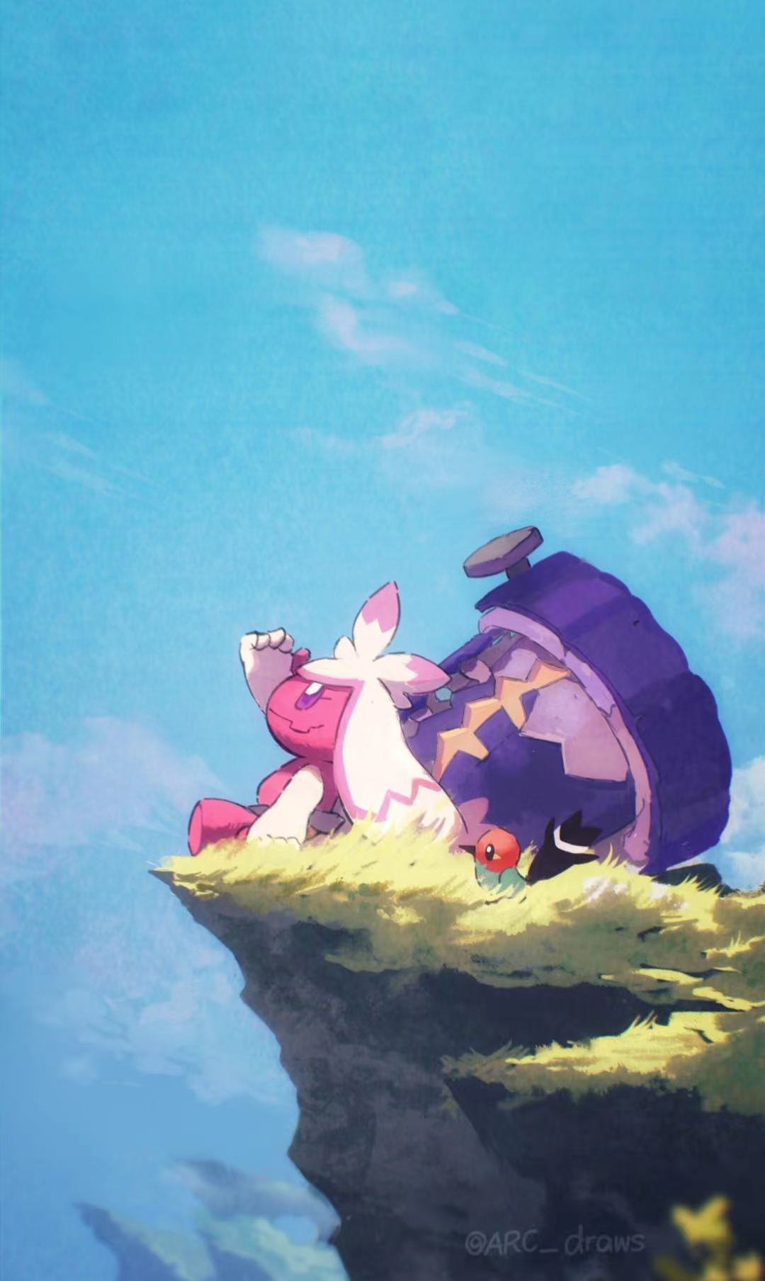 arc_draws arm_up artist_name bird blue_sky branch cliff closed_mouth clouds commentary_request day fletchling grass hammer highres long_hair looking_up no_humans outdoors pink_hair pokemon pokemon_(creature) profile sitting sky smile tinkaton twitter_username violet_eyes