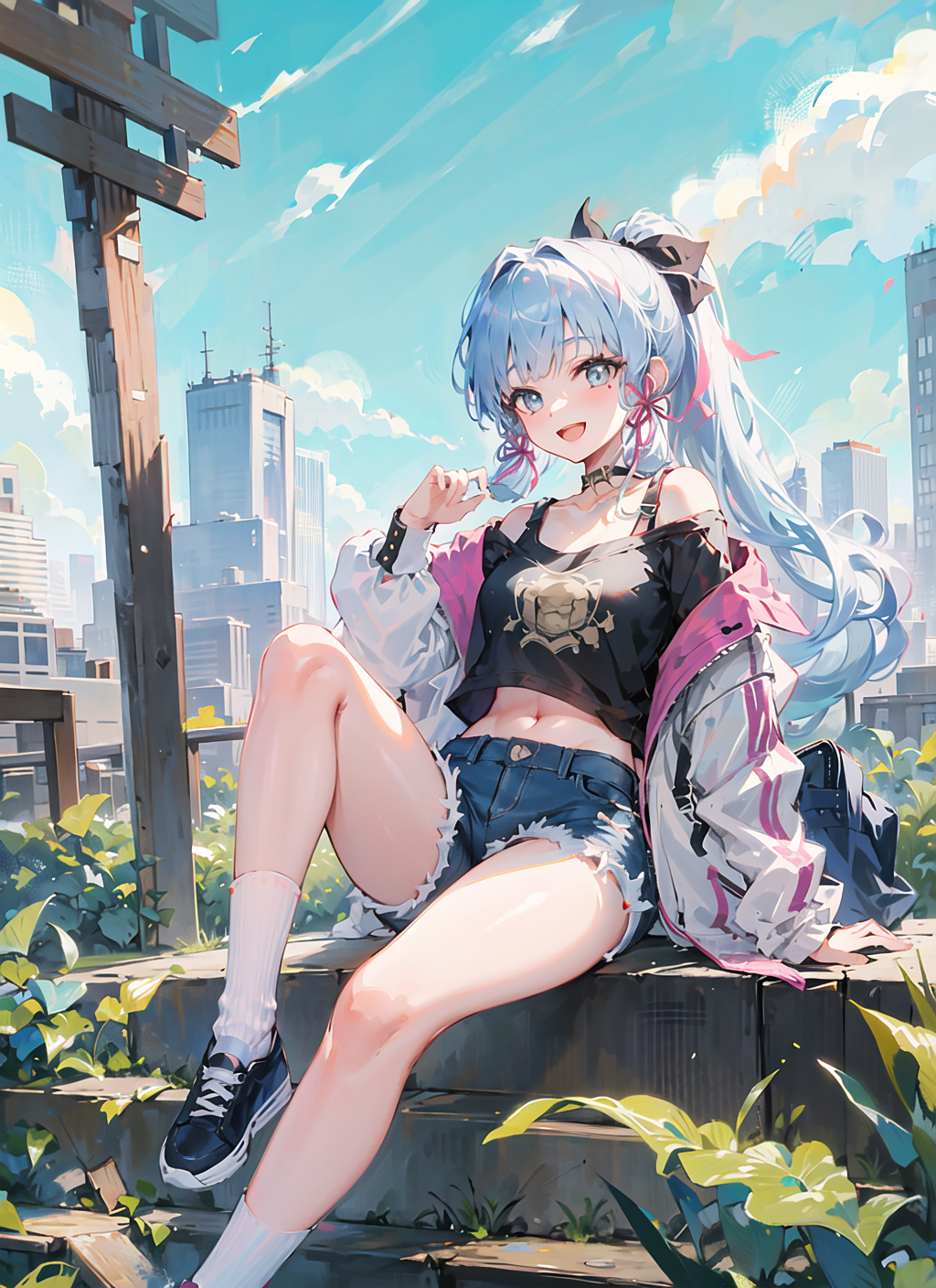 1girl :d ai-generated arm_support bag bangs bare_shoulders black_footwear black_ribbon black_shirt blue_eyes blue_hair building choker cityscape clouds cloudy_sky collarbone day denim denim_shorts foot_out_of_frame frayed_clothes genshin_impact hair_intakes hair_ribbon highres jacket kamisato_ayaka kawaii_hito legs long_hair long_sleeves looking_at_viewer midriff mole mole_under_eye navel off_shoulder open_mouth outdoors pink_ribbon plant ponytail ribbon school_bag shirt shoes shorts sitting sky skyscraper smile sneakers socks solo stairs thighs white_jacket