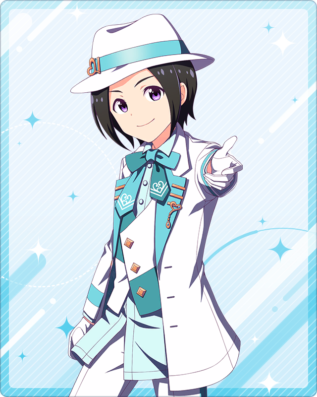 1boy aqua_bow aqua_bowtie black_hair bow bowtie closed_mouth fedora formal gloves hat idolmaster idolmaster_side-m idolmaster_side-m_growing_stars looking_at_viewer male_child male_focus official_art okamura_nao simple_background smile solo suit violet_eyes white_gloves white_headwear white_suit