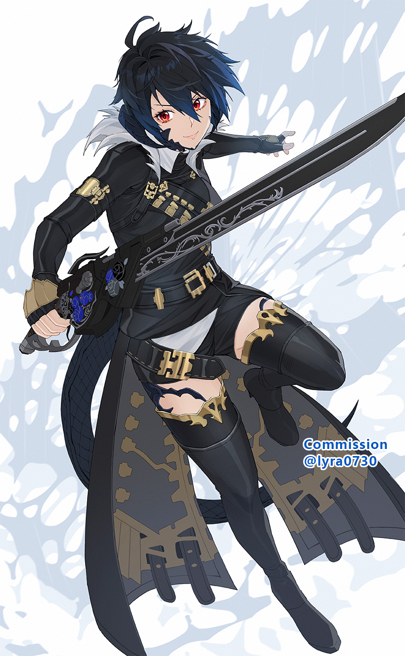 1girl au_ra avatar_(ff14) belt black_gloves black_hair black_thighhighs boots commission dragon_horns dragon_tail final_fantasy final_fantasy_xiv fingerless_gloves gloves gunblade gunbreaker_(final_fantasy) hair_between_eyes highres holding holding_weapon horns looking_at_viewer lyra-kotto red_eyes scales short_hair shorts smile solo tail thigh-highs thigh_boots thighhighs_under_boots weapon