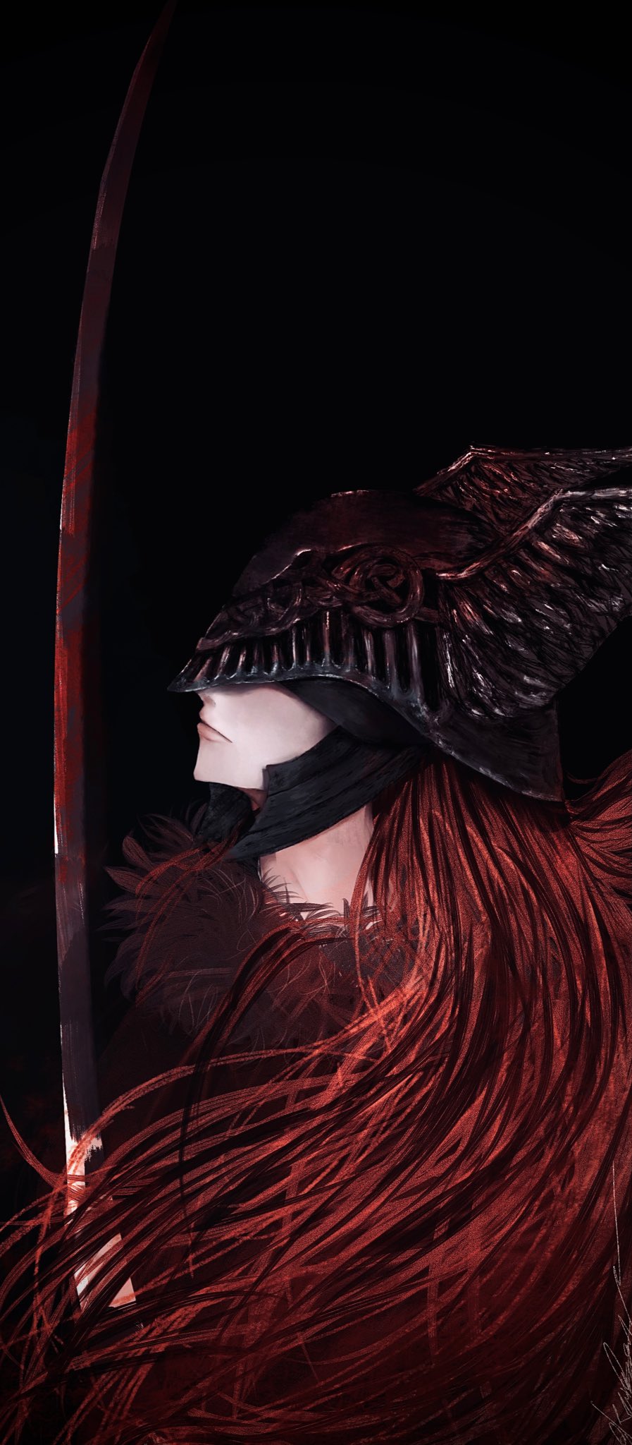 1girl alternate_costume armor black_armor black_dress blade blood blood_on_weapon closed_mouth covered_eyes dress elden_ring fur_trim helmet highres katana kur0zeu long_hair looking_up malenia_blade_of_miquella redhead solo sword weapon winged_helmet