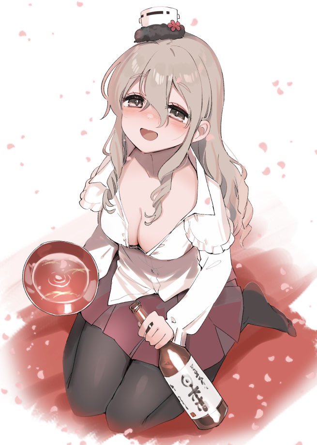 alcohol black_pantyhose bottle brown_eyes card_(medium) cherry_blossoms collarbone cup drunk falling_petals grey_hair hat holding holding_bottle kantai_collection looking_at_viewer mini_hat miniskirt open_clothes open_shirt outdoors pantyhose petals pola_(kancolle) sakazuki sake_bottle shirt sitting skirt thick_eyebrows wariza wavy_hair white_shirt yamashichi_(mtseven)