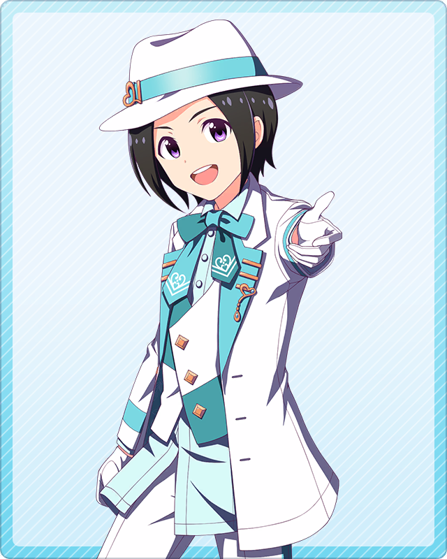 1boy aqua_bow aqua_bowtie black_hair bow bowtie fedora formal gloves hat idolmaster idolmaster_side-m idolmaster_side-m_growing_stars male_focus official_art okamura_nao simple_background solo suit teeth upper_teeth_only violet_eyes white_gloves white_suit