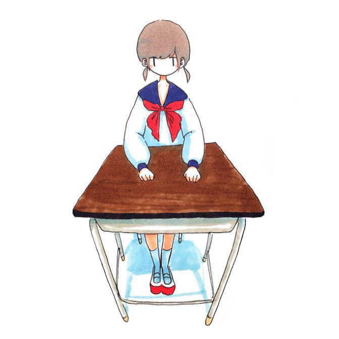 1girl bangs blue_sailor_collar brown_hair desk legs_together long_sleeves looking_at_viewer low_twintails neckerchief original red_neckerchief sailor_collar sailor_shirt school_desk school_uniform serafuku shirt shoes short_hair short_twintails simple_background sitting socks solo straight-on tokunaga_aoi traditional_media twintails uwabaki white_background white_shirt white_socks