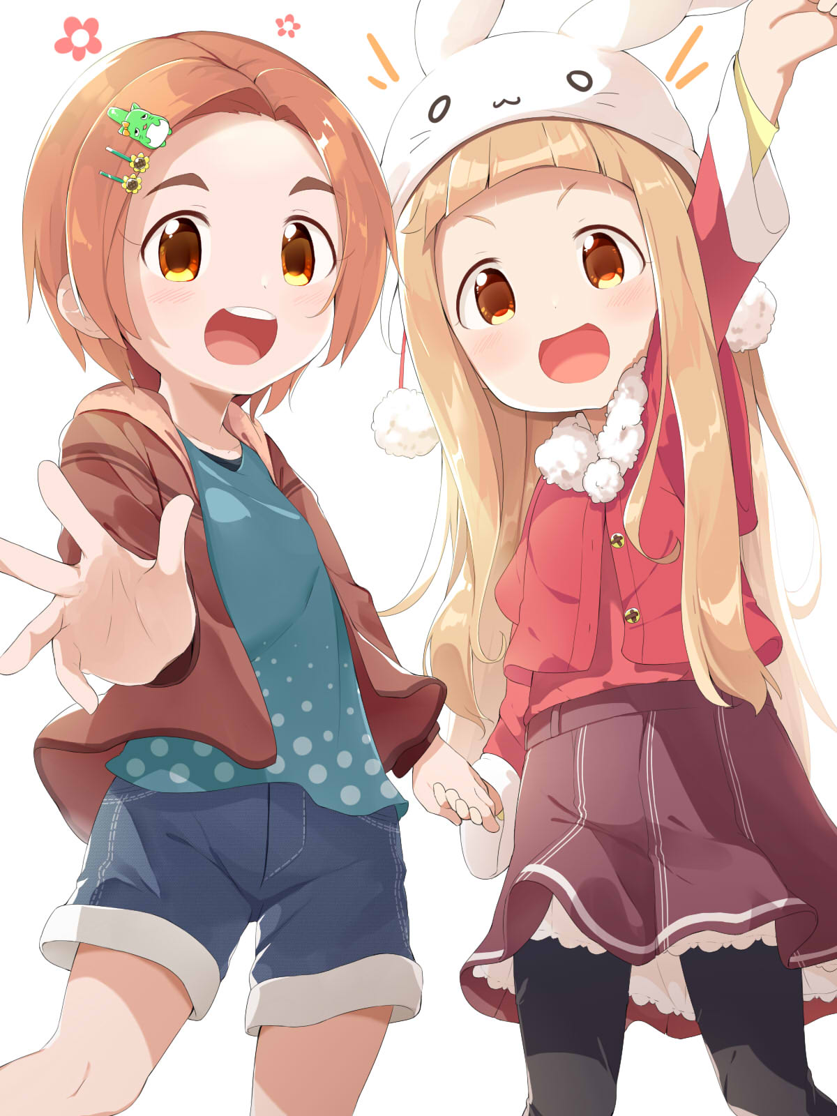 2girls animal_ears animal_hat arm_up bangs black_pantyhose blonde_hair blue_shirt blue_shorts brown_eyes brown_hair brown_jacket brown_skirt character_hair_ornament commentary_request fake_animal_ears feet_out_of_frame flower forehead fur-trimmed_jacket fur_trim hair_flower hair_ornament hairclip hat highres holding_hands ichihara_nina idolmaster idolmaster_cinderella_girls jacket long_sleeves looking_at_viewer makuran multiple_girls open_clothes open_jacket pantyhose parted_bangs pina_korata rabbit_ears rabbit_hat red_jacket red_shirt ryuzaki_kaoru shirt short_eyebrows short_shorts shorts skirt thick_eyebrows v-shaped_eyebrows white_headwear yellow_flower
