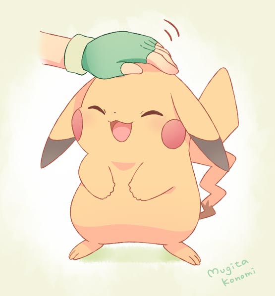 ^_^ artist_name ash_ketchum closed_eyes commentary fingerless_gloves full_body gloves green_gloves happy headpat mugita_konomi open_mouth pikachu pokemon pokemon_(creature) simple_background smile standing tongue twitter_username v_arms