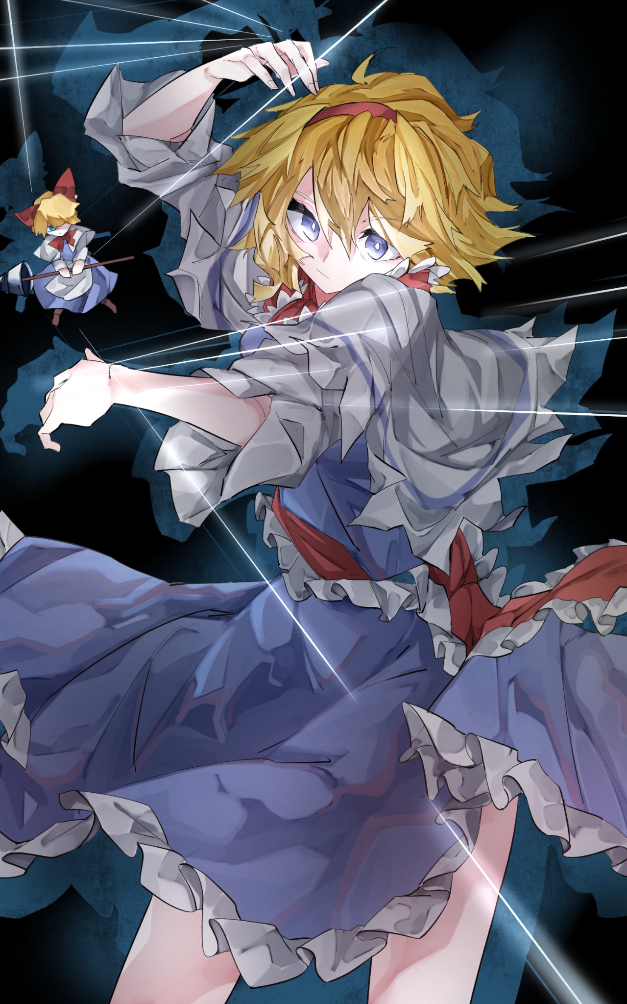 1girl alice_margatroid ascot blonde_hair blue_background blue_dress blue_eyes bright_pupils capelet closed_mouth dress feet_out_of_frame frilled_ascot frilled_dress frilled_ribbon frills hairband highres lance looking_at_viewer polearm puppet_strings red_ascot red_hairband ribbon shanghai_doll short_hair touhou vivo_(vivo_sun_0222) weapon white_capelet white_pupils