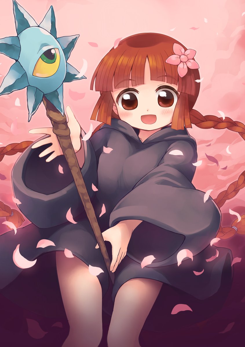 1girl :d bangs between_thighs black_dress blunt_bangs blush braid brown_eyes brown_hair commentary_request dress emurin falling_petals feet_out_of_frame floating_hair flower gradient_background hair_flower hair_ornament highres holding holding_staff hooded_dress long_hair looking_at_viewer open_mouth oresama_(band) petals pink_flower smile solo staff twin_braids very_long_hair