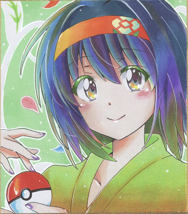 1girl black_hair blush closed_mouth collarbone erika_(pokemon) floral_print green_kimono grey_eyes hairband holding holding_poke_ball japanese_clothes kimono looking_at_viewer nail_polish poke_ball poke_ball_(basic) pokemon shikishi short_hair smile tina_(pixiv37050289) traditional_media upper_body