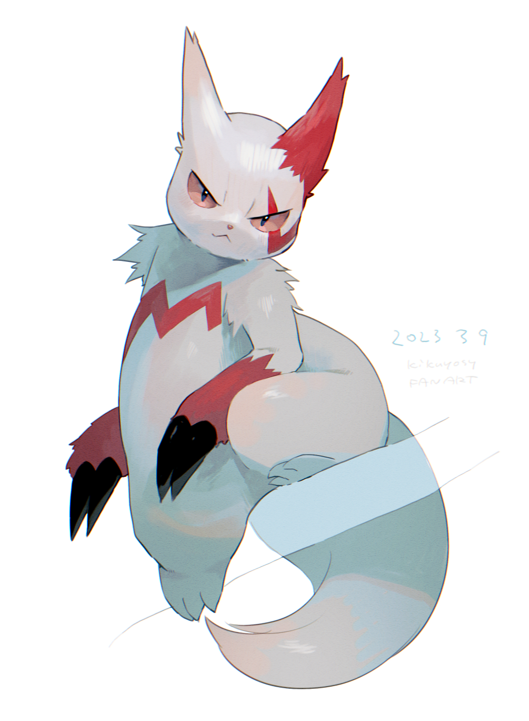 claws closed_mouth commentary_request dated full_body highres kikuyoshi_(tracco) looking_at_viewer no_humans pokemon pokemon_(creature) signature smile solo white_background zangoose