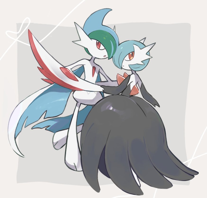 :o alternate_color bangs border brown_eyes closed_mouth commentary_request gallade gardevoir grey_background heart looking_to_the_side mega_gallade mega_gardevoir mega_pokemon oyul_o pokemon pokemon_(creature) shiny_pokemon white_border