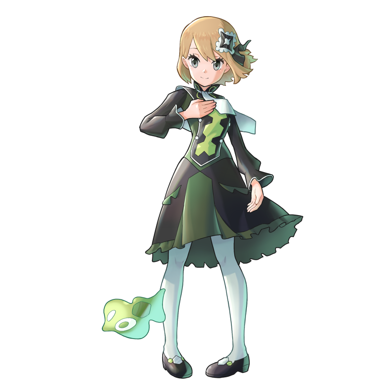 1girl ascot bangs black_footwear blonde_hair buttons closed_mouth commentary dress eyelashes ffccll frills full_body grey_eyes hair_ribbon hand_up knees long_sleeves official_alternate_costume pantyhose pigeon-toed pokemon pokemon_(creature) pokemon_(game) pokemon_masters_ex ribbon serena_(pokemon) serena_(sygna_suit)_(pokemon) shoes short_hair smile standing symbol-only_commentary transparent_background white_ascot white_pantyhose zygarde zygarde_cell