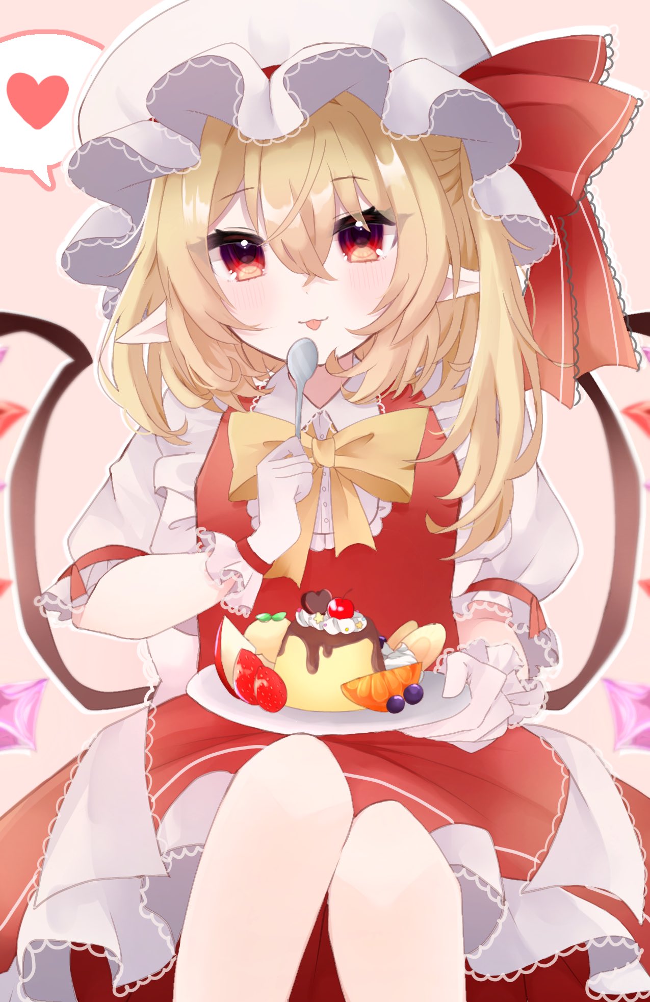 1girl :p apple apple_slice blueberry blush bow bowtie cherry chocolate collared_shirt commentary crystal flandre_scarlet food fruit gloves hair_between_eyes hat hat_ribbon heart highres holding holding_plate holding_spoon looking_at_viewer machi0309 mob_cap orange_(fruit) orange_slice plate pointy_ears pudding puffy_short_sleeves puffy_sleeves red_eyes red_ribbon red_skirt red_vest ribbon shirt short_sleeves side_ponytail sitting skirt skirt_set solo spoken_heart spoon strawberry tongue tongue_out touhou vest white_gloves white_headwear white_shirt wings yellow_bow yellow_bowtie