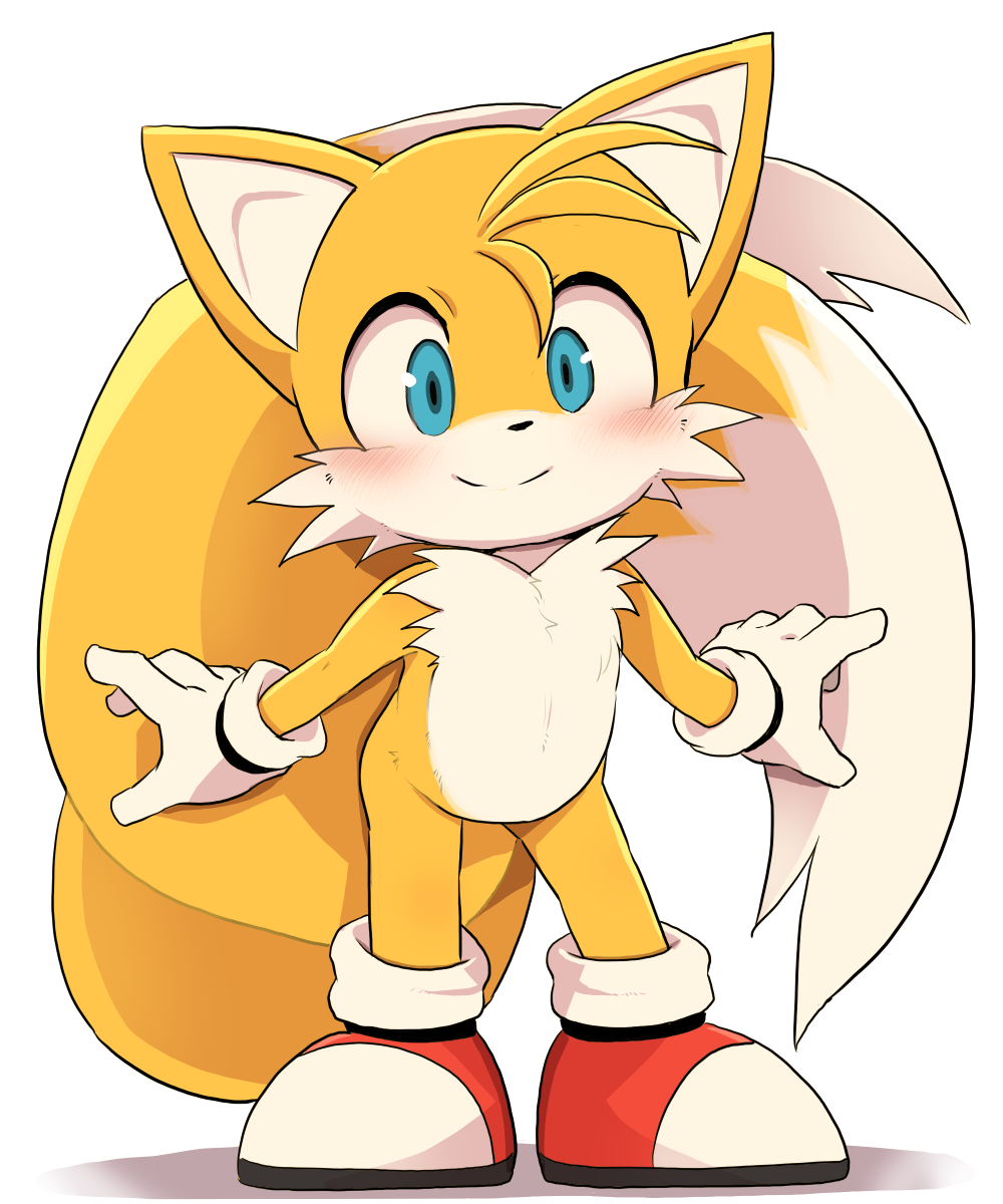 1boy animal_ears animal_nose blue_eyes blush closed_mouth commentary_request dagasi fox_boy fox_ears fox_tail full_body furry furry_male gloves highres looking_at_viewer male_focus multiple_tails red_footwear shadow shoes simple_background smile sneakers socks solo sonic_(series) standing tail tails_(sonic) two-tone_fur two_tails white_background white_fur white_gloves white_socks yellow_fur