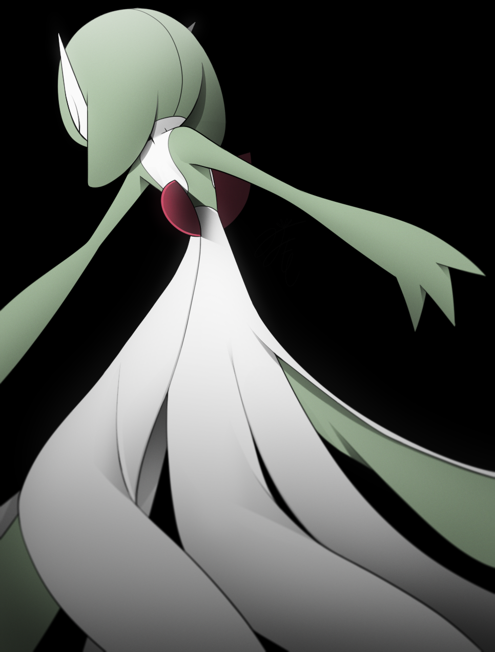 1girl back bangs black_background bob_cut closed_eyes colored_skin commentary from_behind gardevoir green_hair green_skin highres lotosu multicolored_skin pokemon pokemon_(creature) short_hair simple_background solo standing two-tone_skin u_u white_skin