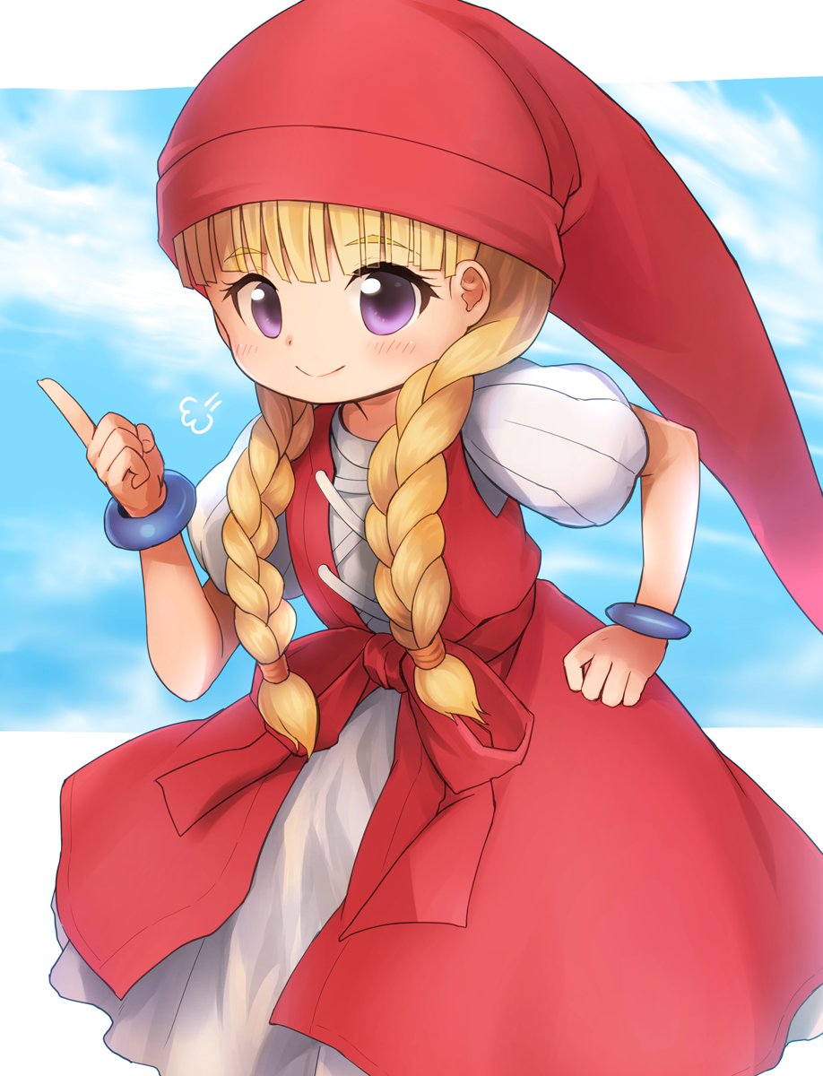 1girl bangs blonde_hair blue_sky blunt_bangs blush bracelet braid closed_mouth clouds commentary_request dragon_quest dragon_quest_xi dress emurin feet_out_of_frame hair_over_shoulder hat highres jewelry layered_dress long_hair looking_at_viewer puffy_short_sleeves puffy_sleeves red_dress red_headwear short_sleeves sky smile solo twin_braids veronica_(dq11) violet_eyes white_dress