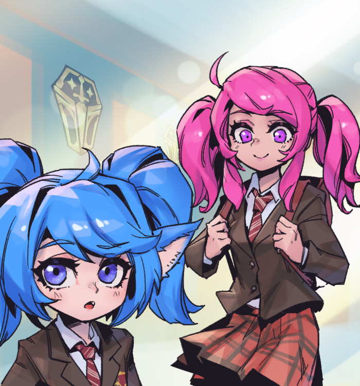 2girls :o alternate_costume bangs blue_hair blush brown_jacket closed_mouth collared_shirt fang indoors jacket league_of_legends looking_at_another lux_(league_of_legends) multiple_girls necktie open_mouth phantom_ix_row plaid plaid_skirt pointy_ears poppy_(league_of_legends) red_necktie red_skirt school_uniform shirt skirt smile striped_necktie twintails violet_eyes yordle