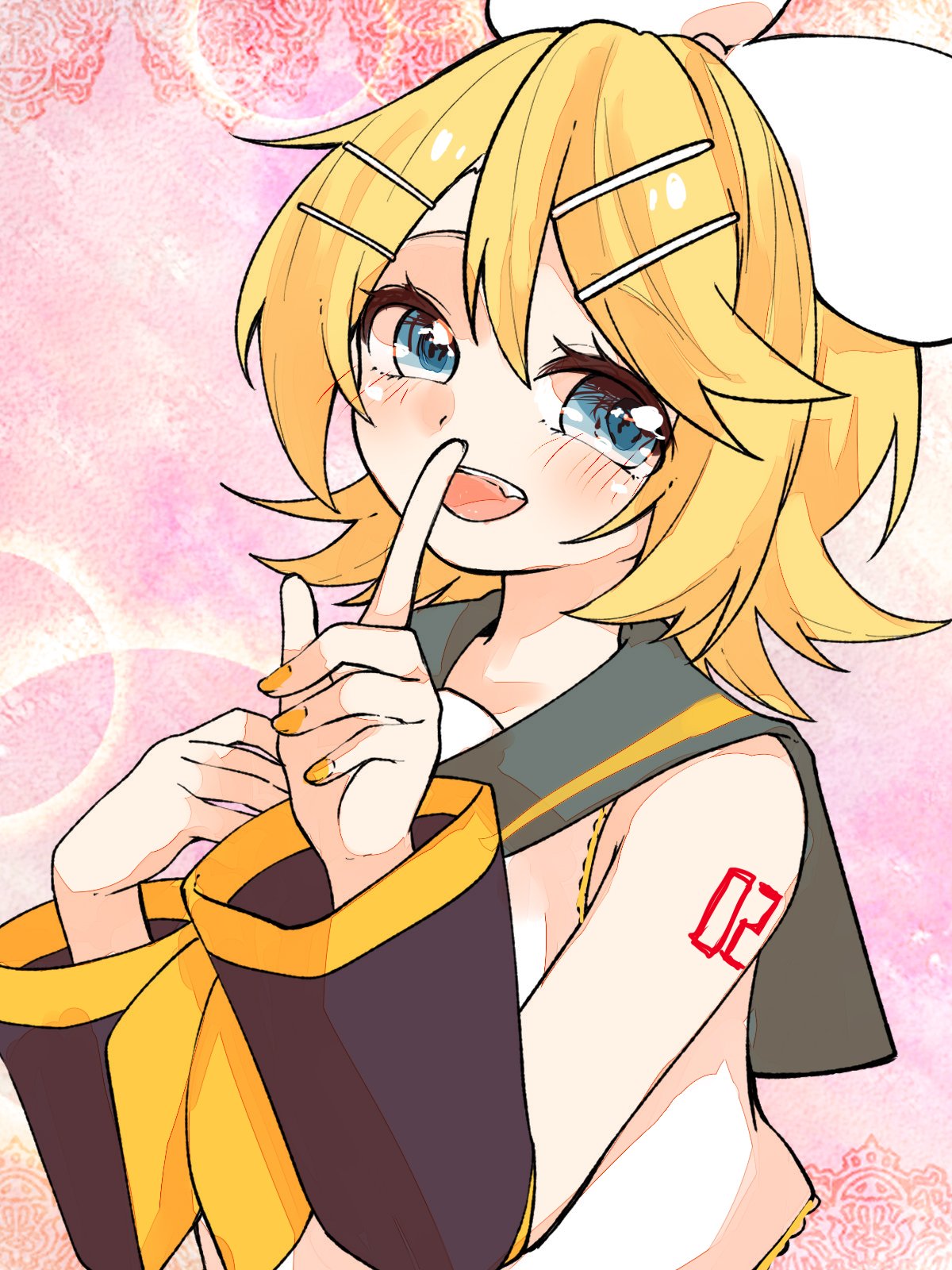 1girl bare_shoulders blonde_hair blue_eyes blush bow collaboration crop_top detached_sleeves eshe_mr eyelashes finger_to_mouth hair_between_eyes hair_bow hair_ornament hairclip highres index_finger_raised kagamine_rin looking_at_viewer mimi_mine neckerchief open_mouth pink_background sailor_collar shirt short_hair shushing sleeveless sleeveless_shirt smile solo upper_body vocaloid white_bow yellow_nails yellow_neckerchief