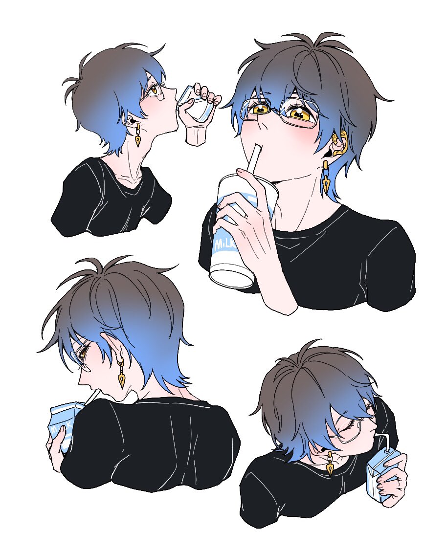 1boy bangs black_shirt blue_hair chinese_commentary cup disposable_cup drinking_straw drinking_straw_in_mouth earrings fouqi from_behind from_side glass_bottle glasses gradient_hair grey_hair hair_between_eyes ike_eveland jewelry juice_box looking_at_viewer male_focus milk_carton multicolored_hair multiple_views nijisanji nijisanji_en shirt short_hair simple_background solo upper_body virtual_youtuber white_background yellow_eyes