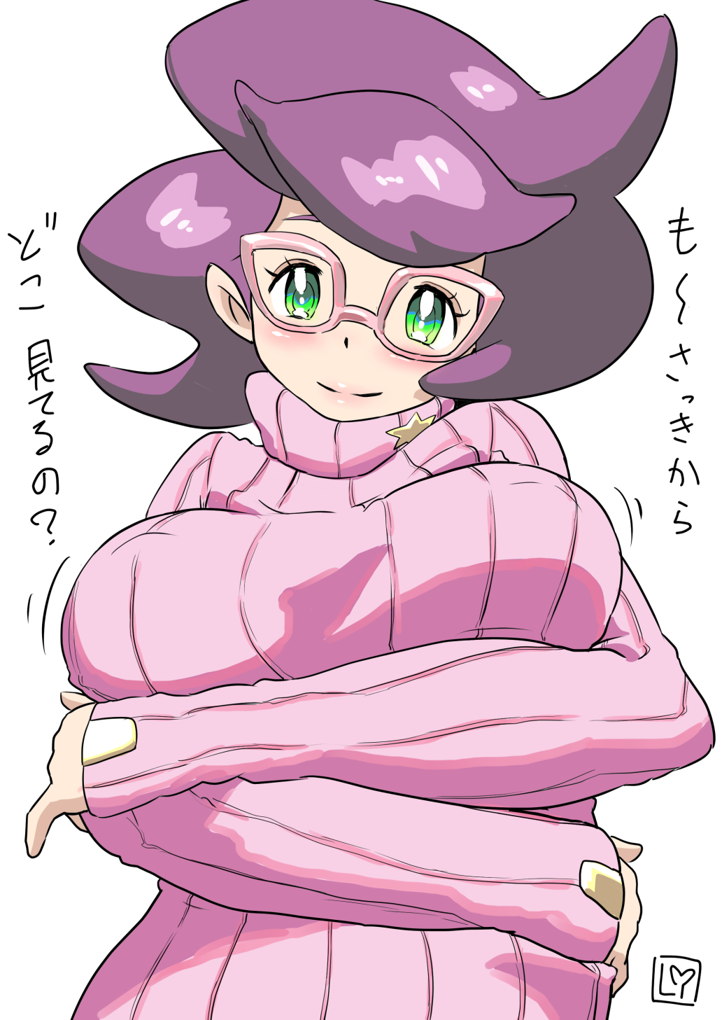 1girl arms_under_breasts big_hair blush breasts glasses green_eyes highres large_breasts li_(lithium0522) long_sleeves pink-framed_eyewear pink_sweater pokemon pokemon_(game) pokemon_sm purple_hair ribbed_sweater solo sweater translation_request turtleneck turtleneck_sweater white_background wicke_(pokemon)