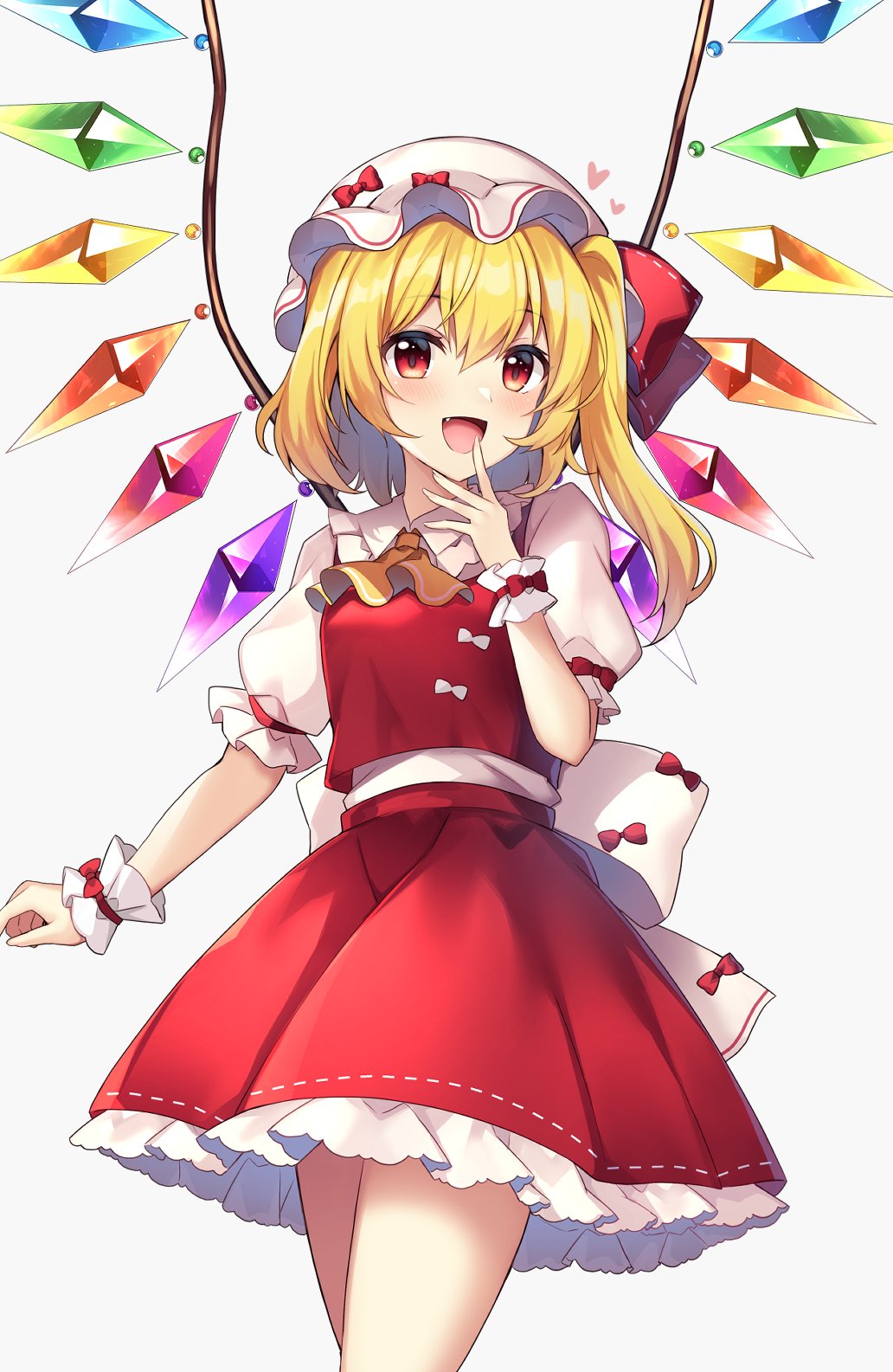 1girl blonde_hair cowboy_shot crystal flandre_scarlet hat highres long_hair mob_cap puffy_short_sleeves puffy_sleeves red_eyes red_skirt red_vest ruhika shirt short_sleeves side_ponytail skirt solo touhou vest white_headwear white_shirt wings wrist_cuffs