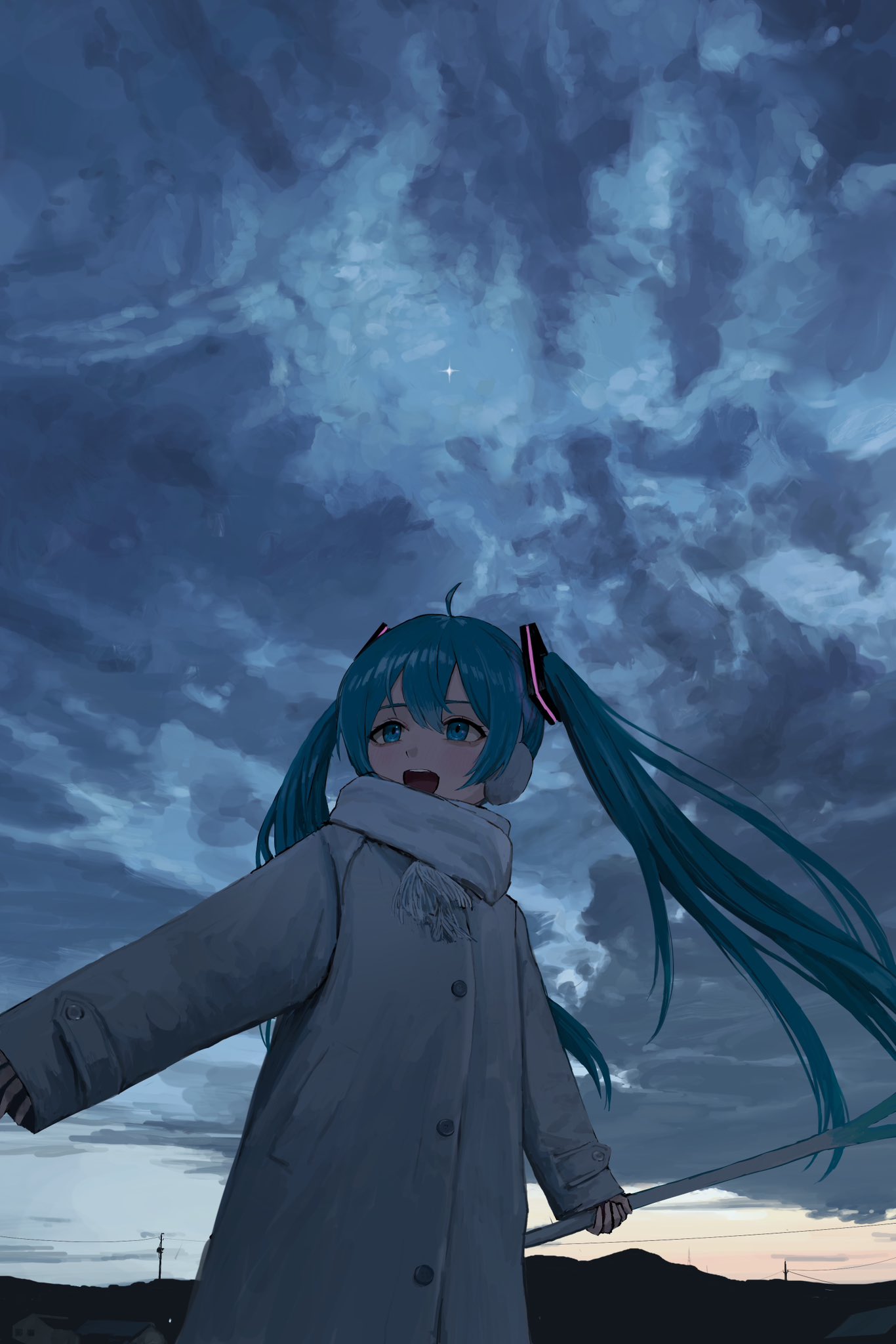 1girl ahoge blue_eyes blue_hair blush buttons clouds cloudy_sky coat earmuffs food hair_ornament hatsune_miku highres holding holding_food holding_spring_onion holding_vegetable house looking_to_the_side miku_day mountainous_horizon open_mouth outdoors power_lines sakiika0513 scarf sky sleeves_past_wrists smile solo spring_onion star_(sky) twilight twintails upper_body utility_pole vegetable vocaloid white_coat white_scarf winter_clothes winter_coat