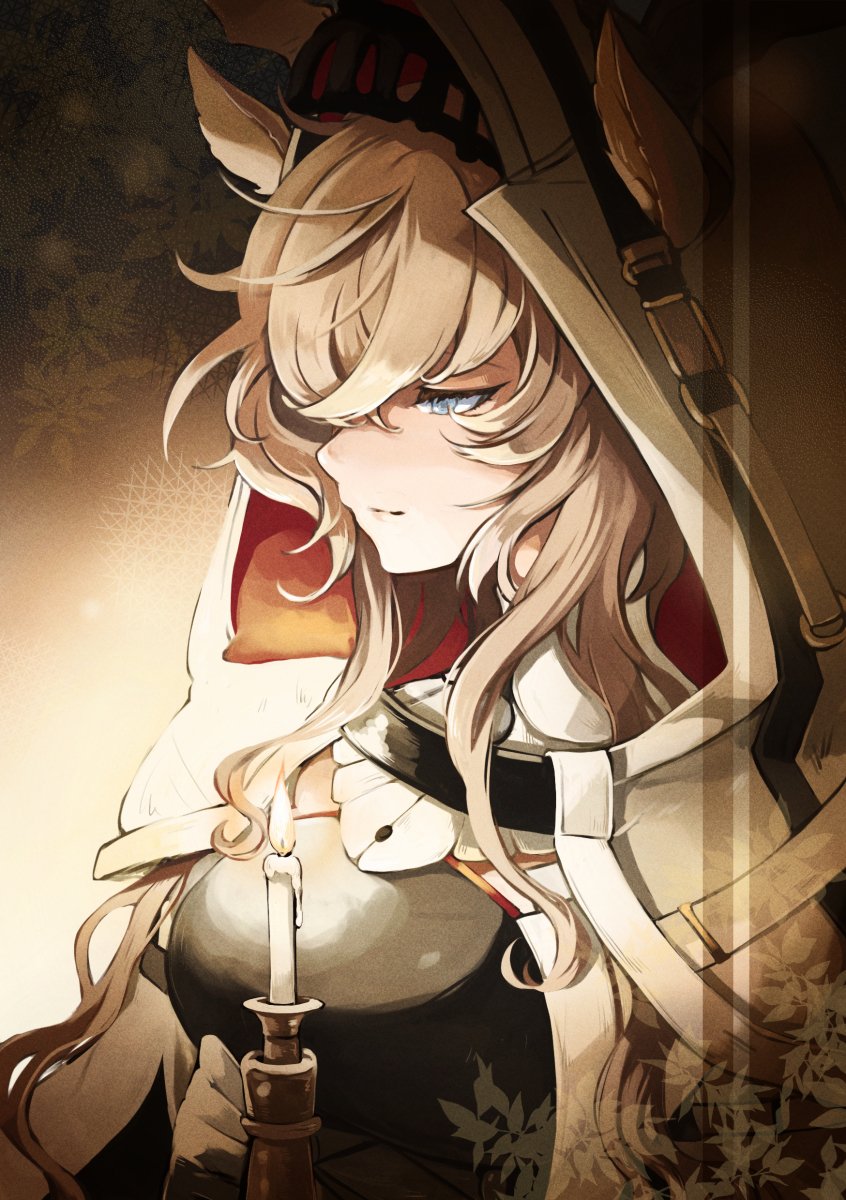 1girl animal_ears antlers_through_headwear arknights blonde_hair blue_eyes candle cape deer_antlers deer_ears deer_girl ears_through_headwear highres holding holding_candle hood hooded_cape lit_candle long_hair shimauma_(zebra_vz) upper_body viviana_(arknights) white_cape