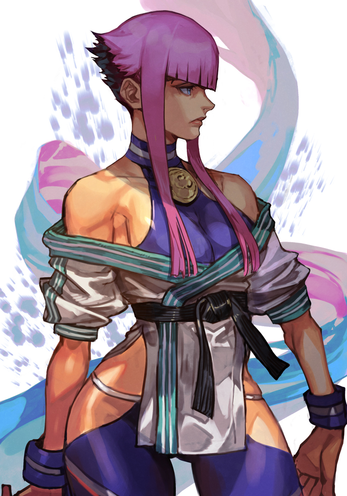 1girl bangs bare_shoulders belt black_belt blue_eyes blue_leotard blunt_bangs breasts closed_mouth clothing_cutout cowboy_shot dougi expressionless hankuri hip_vent large_breasts leotard looking_to_the_side manon_(street_fighter) martial_arts_belt panty_straps pink_hair profile short_hair short_hair_with_long_locks sidelocks solo standing street_fighter street_fighter_6 white_background wristband
