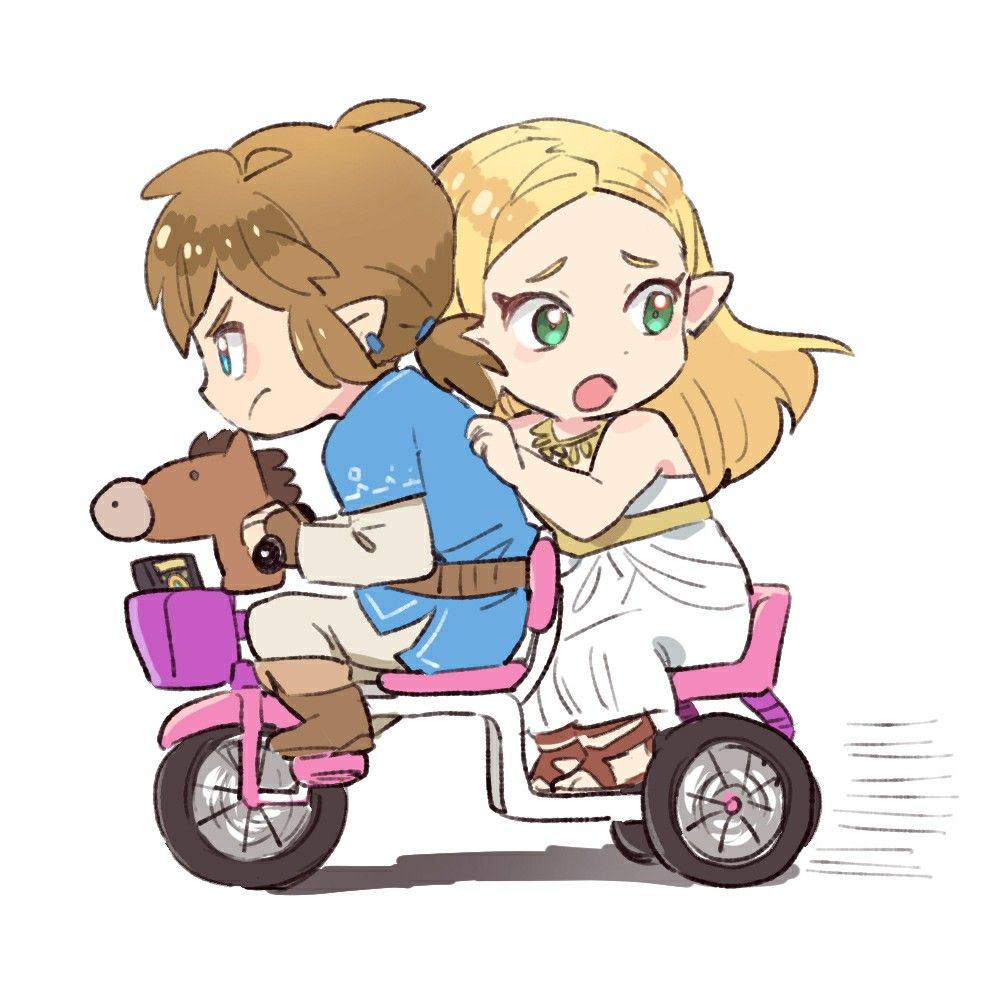 1boy 1girl bad_id bad_twitter_id blonde_hair blue_eyes chibi dede_(qwea_00000) dot_nose dress from_side green_eyes light_brown_hair link looking_back open_mouth pointy_ears princess_zelda sheikah_slate simple_background the_legend_of_zelda the_legend_of_zelda:_breath_of_the_wild tricycle white_background white_dress