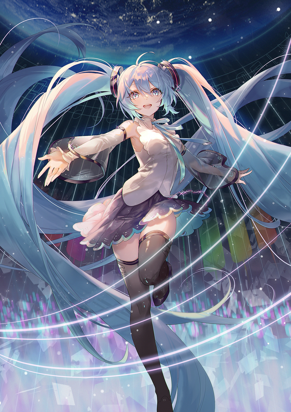 1girl 39 ahoge aqua_ribbon bangs bare_shoulders black_skirt black_thighhighs boots detached_sleeves earth_(planet) foot_out_of_frame green_eyes hatsune_miku highres leg_up long_hair long_sleeves looking_at_viewer miku_day neck_ribbon open_mouth ouu_min planet pleated_skirt ribbon see-through see-through_sleeves shirt sidelocks skirt sleeveless sleeveless_shirt solo space standing standing_on_one_leg thigh-highs thigh_boots twintails vocaloid white_shirt white_sleeves