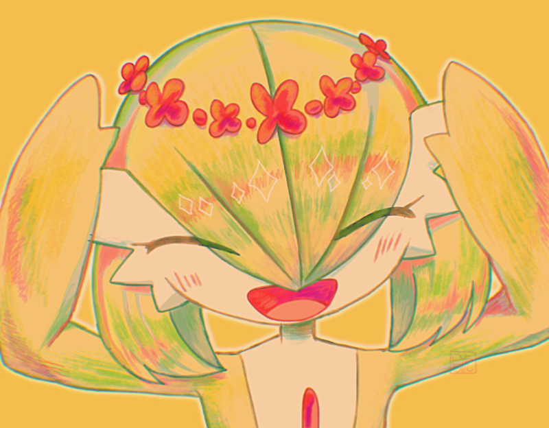 1girl ^_^ arms_up artist_name bangs blush bob_cut chromatic_aberration closed_eyes colored_skin commentary eyes_visible_through_hair flat_chest flower gardevoir gou_(pixiv_24579323) green_hair green_skin hair_between_eyes happy head_wreath multicolored_skin open_mouth outline pokemon pokemon_(creature) red_flower short_hair signature simple_background smile solo two-tone_skin upper_body white_outline white_skin yellow_background