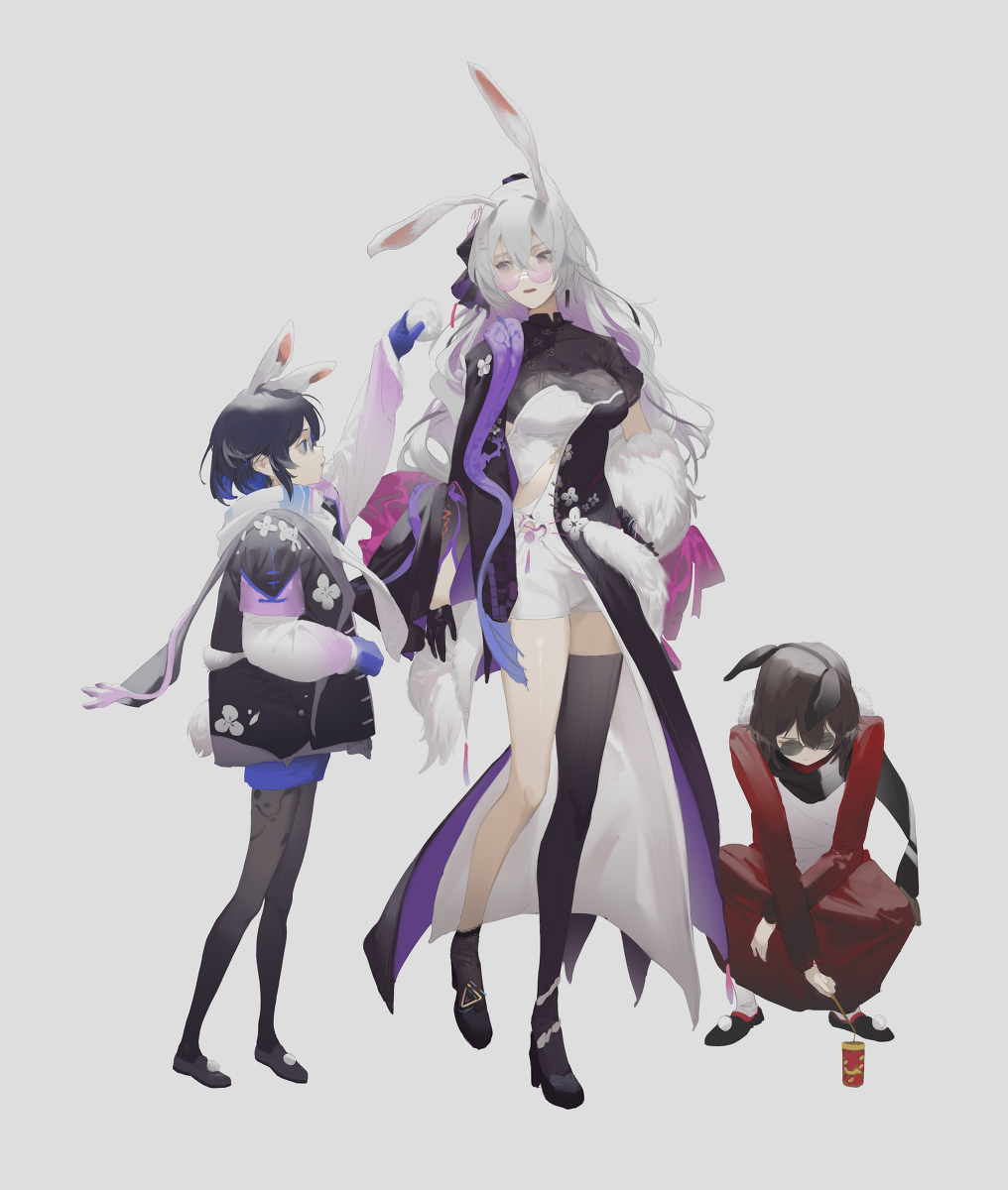 3girls animal_ear_fluff animal_ears black_footwear black_hair black_jacket black_scarf black_thighhighs blue_gloves breasts bronya_zaychik bronya_zaychik_(silverwing:_n-ex) dual_persona gloves grey_background grey_hair high_heels highres honkai_(series) jacket kuo_(kuo114514) layered_sleeves long_hair long_sleeves medium_breasts multiple_girls pink-tinted_eyewear puffy_long_sleeves puffy_sleeves red_skirt round_eyewear scarf seele_(alter_ego) seele_vollerei shoes short_over_long_sleeves short_shorts short_sleeves shorts simple_background skirt sunglasses thigh-highs tinted_eyewear very_long_hair white_scarf white_shorts