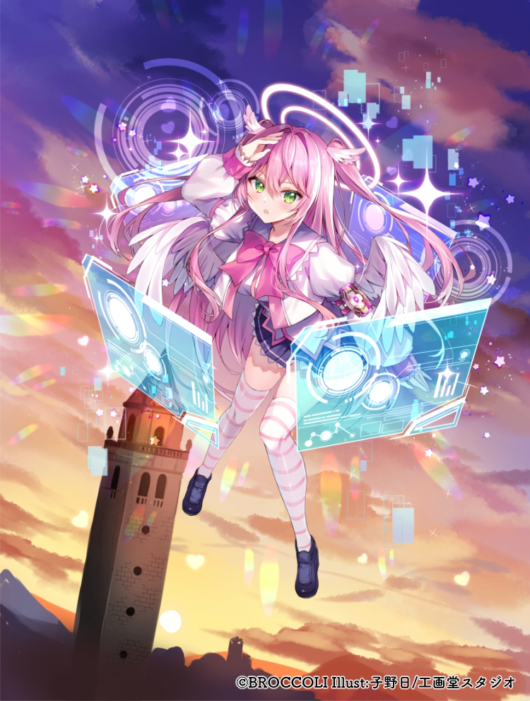 1girl :o arm_up bangs black_footwear black_skirt bow clouds cloudy_sky collared_shirt commentary_request feathered_wings green_eyes hair_between_eyes hair_intakes head_wings heart holographic_interface jacket loafers long_hair long_sleeves looking_at_viewer low_wings nenobi_(nenorium) official_art open_clothes open_jacket outdoors parted_lips pink_bow pink_hair pleated_skirt puffy_long_sleeves puffy_sleeves shirt shoes skirt sky solo striped striped_thighhighs sunset thigh-highs tower two_side_up very_long_hair vividz white_jacket white_shirt white_wings wings