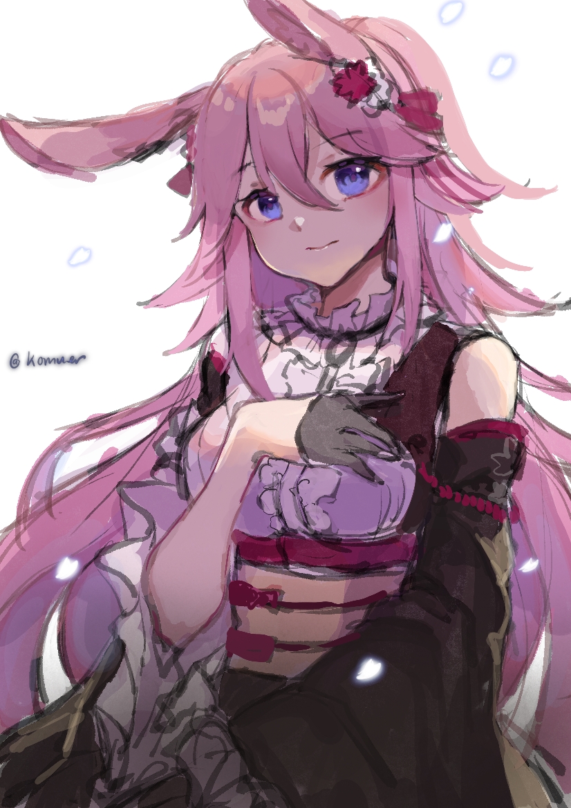 1girl animal_ears artist_name black_gloves closed_mouth dress fox_ears frills gloves honkai_(series) honkai_impact_3rd japanese_clothes komuer long_hair obi pink_hair sash simple_background sketch smile solo upper_body violet_eyes white_background white_dress yae_sakura