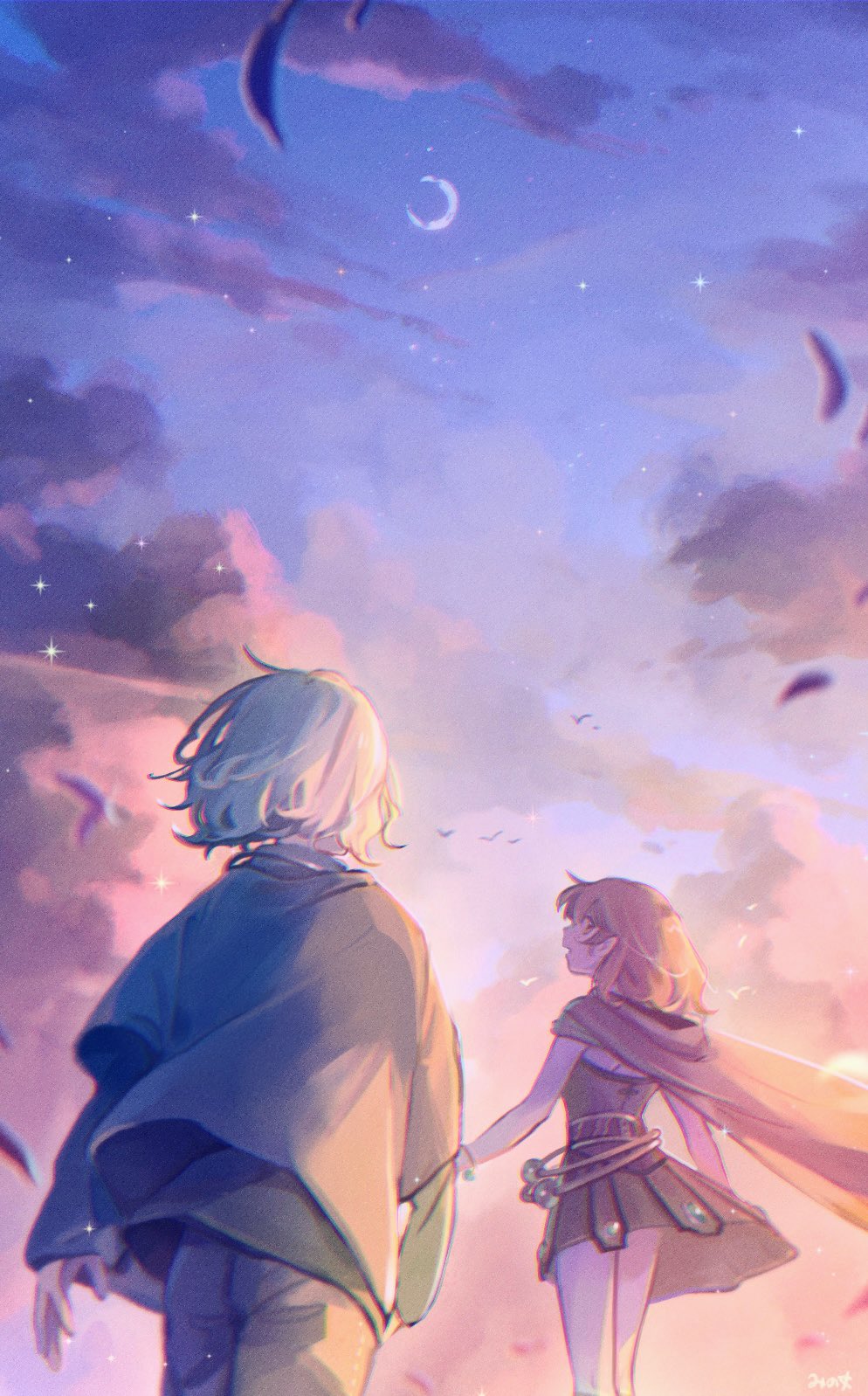 1boy 1girl artist_name avanna belt blonde_hair bracelet brown_hair cape clouds cloudy_sky crescent_moon from_behind gem highres jewelry layered_shirt long_sleeves looking_back mi_no_take moon po-uta pointy_ears short_hair sky sunset vocaloid walking