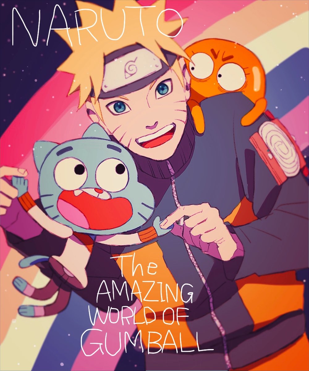 3boys animal_on_shoulder blonde_hair blue_eyes cat copyright_name crossover darwin_watterson english_text facial_mark forehead_protector gumball_watterson highres holding_hands konohagakure_symbol looking_at_viewer multiple_boys naruto naruto_(series) naruto_shippuuden open_mouth short_hair single_tooth spiky_hair subuta_(butabutasubuta) teeth the_amazing_world_of_gumball tongue uzumaki_naruto uzumaki_symbol whisker_markings