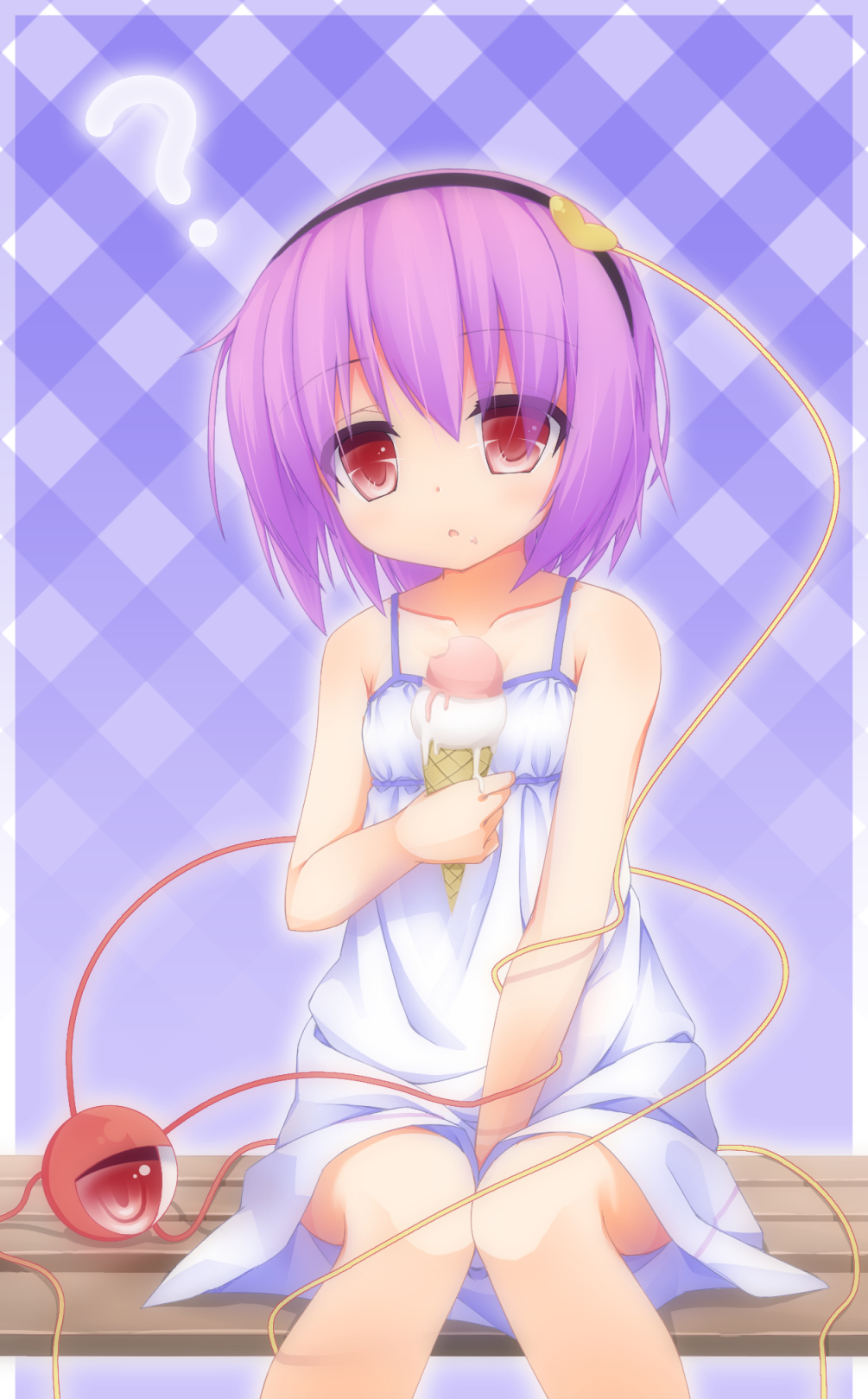 1girl :o ? akirame alternate_costume armpit_crease bangs bare_arms bare_shoulders bench between_legs black_hairband blue_background chestnut_mouth collarbone confused dot_nose dress eating eyeball eyes_visible_through_hair feet_out_of_frame food food_on_face gradient_background hair_between_eyes hair_ornament hairband hand_between_legs hand_up head_tilt heart heart_hair_ornament highres holding holding_food holding_ice_cream ice_cream_cone knees_together_feet_apart komeiji_satori looking_at_viewer melting on_bench outside_border parted_lips plaid plaid_background purple_hair red_eyes short_hair sitting sitting_on_bench sleeveless sleeveless_dress solo spaghetti_strap string sundress tareme thick_eyelashes third_eye touhou vignetting white_dress