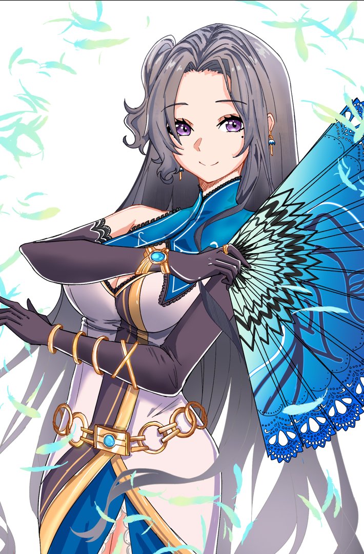 1girl black_hair bracelet earrings eiyuu_densetsu elbow_gloves falling_feathers feathers folding_fan gloves hand_fan holding holding_fan jewelry long_hair looking_at_viewer nyuusai ring sen_no_kiseki sen_no_kiseki_iii smile solo violet_eyes vita_clotilde