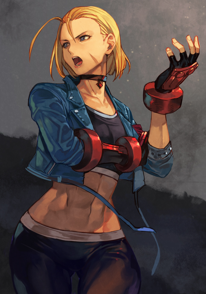 1girl abs antenna_hair armored_gloves black_choker black_gloves black_pants black_sports_bra blonde_hair blue_eyes blue_jacket cammy_white choker collarbone fingerless_gloves gloves hankuri jacket lips looking_away midriff muscular muscular_female open_clothes open_jacket open_mouth pants pink_lips scar scar_on_cheek scar_on_face short_hair sleeves_rolled_up solo sports_bra street_fighter street_fighter_6 teeth yoga_pants